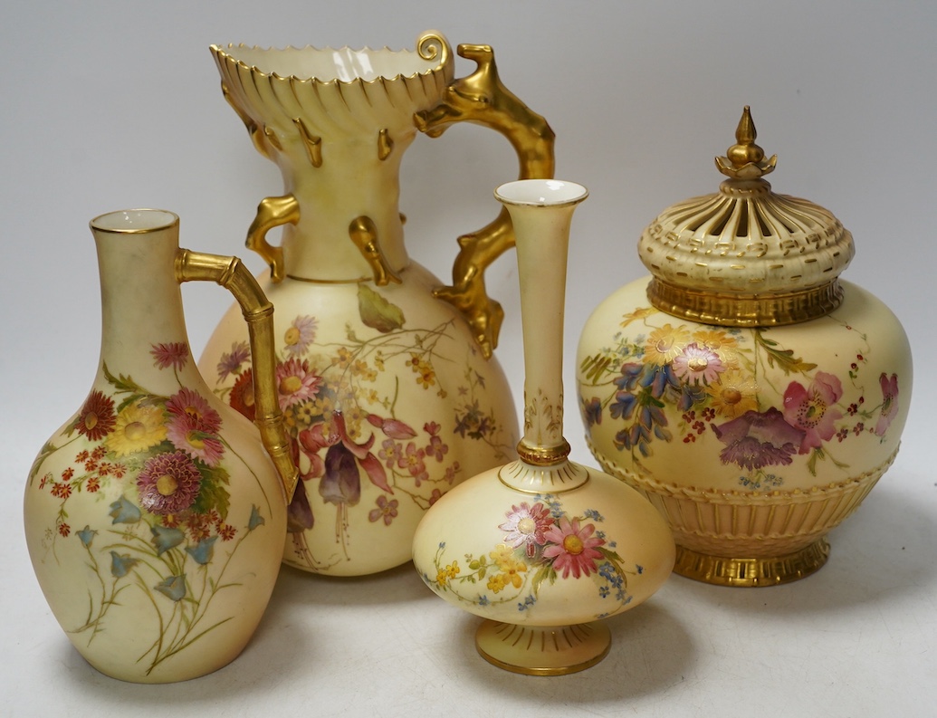 Four Worcester blush ivory floral vases and ewers, 1748, 1132, 1507 & 1286, largest 22cm high. Condition - good